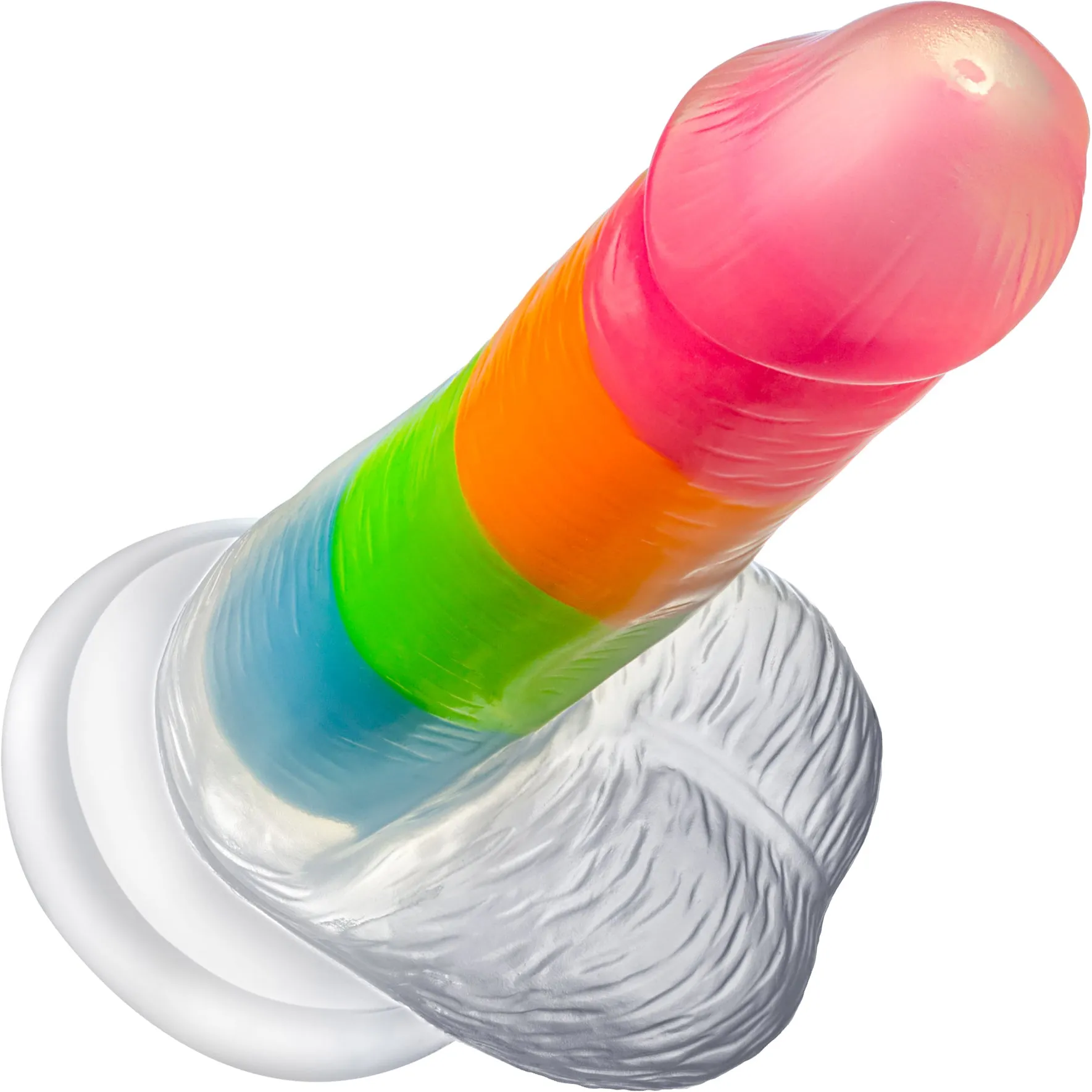 Neo Elite 6.5" Glow In The Dark Silicone Dual Density Dildo With Suction Cup & Balls By Blush - Rainbow Rave