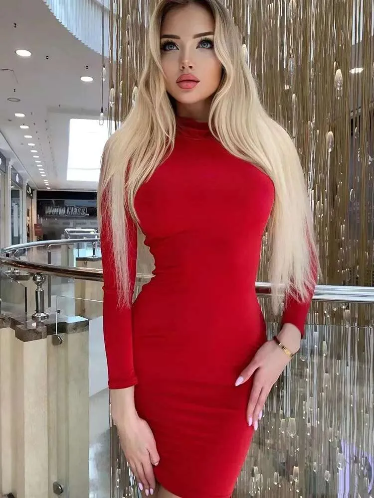 New Arrival Turtleneck Long Sleeve Skinny Mini Dress Women Elegant Chest Slim Pleated