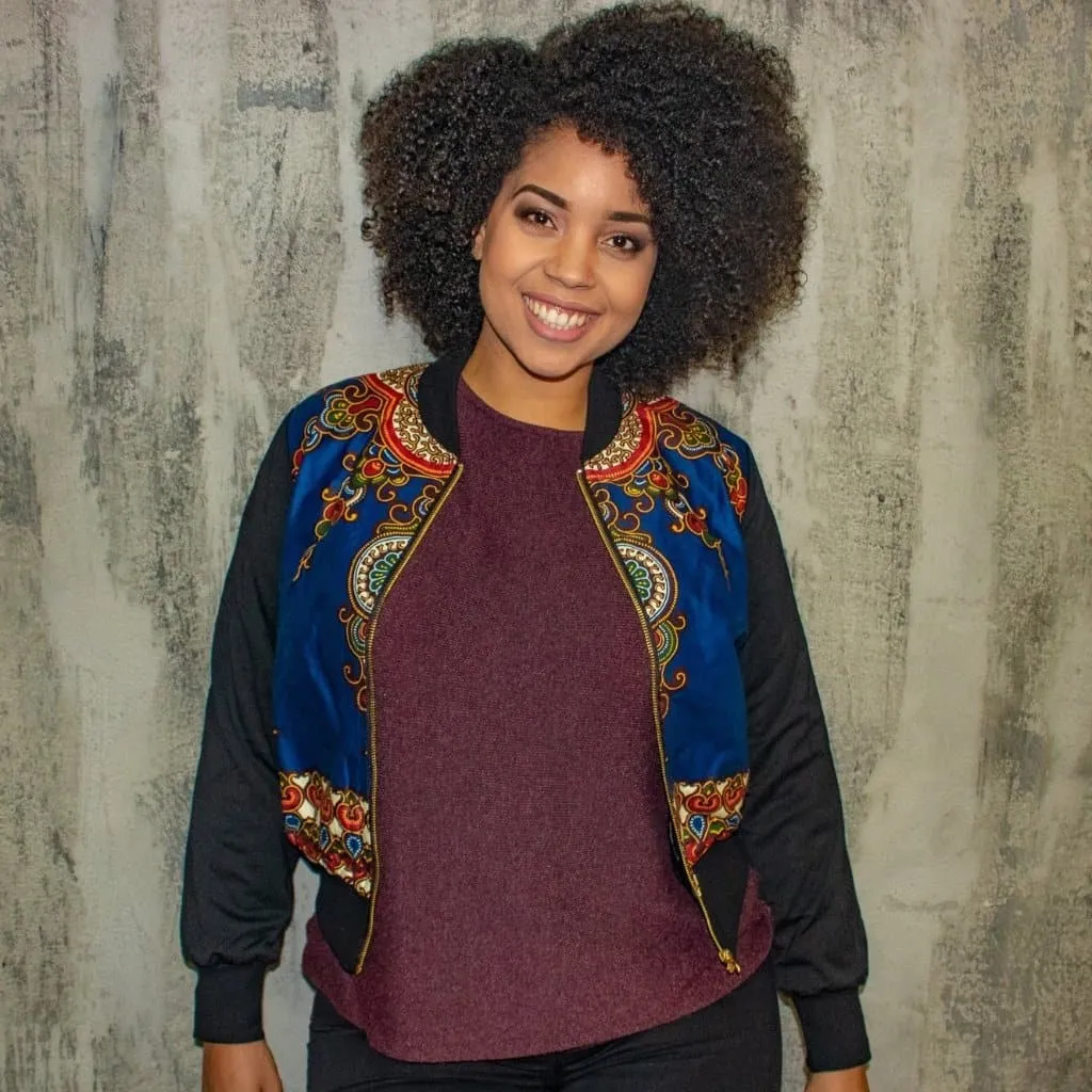 New in Padded Mixed Print Ankara Bomber Jacket - Blue