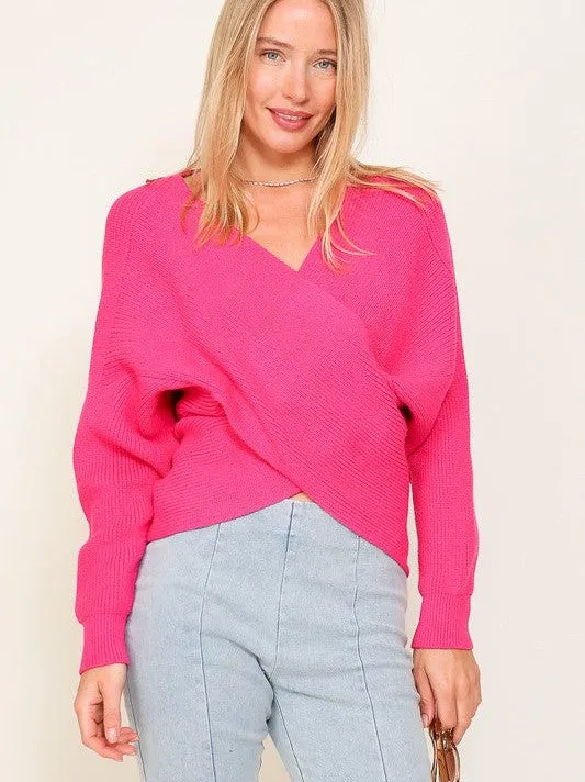 Open Doors Cross Over Front Long Sleeve Cropped Sweater