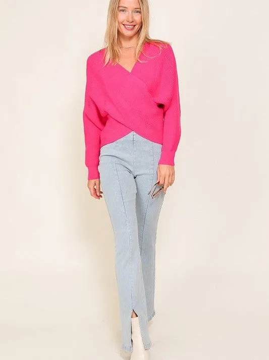 Open Doors Cross Over Front Long Sleeve Cropped Sweater