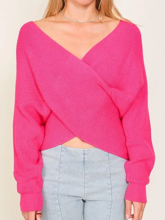 Open Doors Cross Over Front Long Sleeve Cropped Sweater