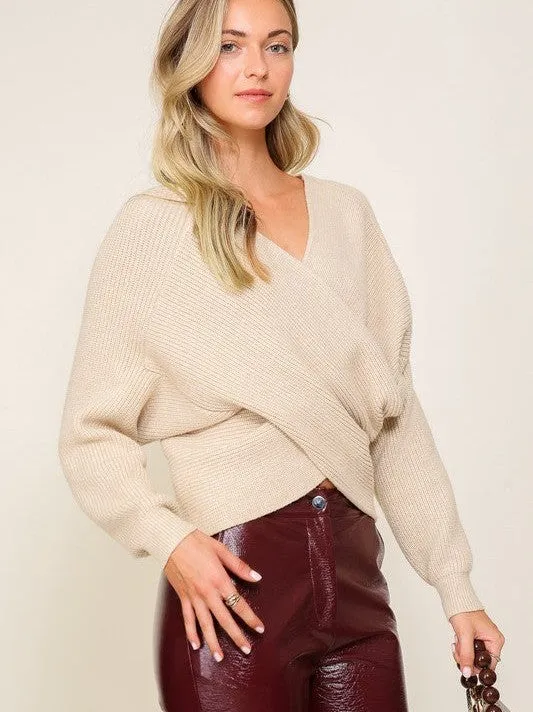 Open Doors Cross Over Front Long Sleeve Cropped Sweater