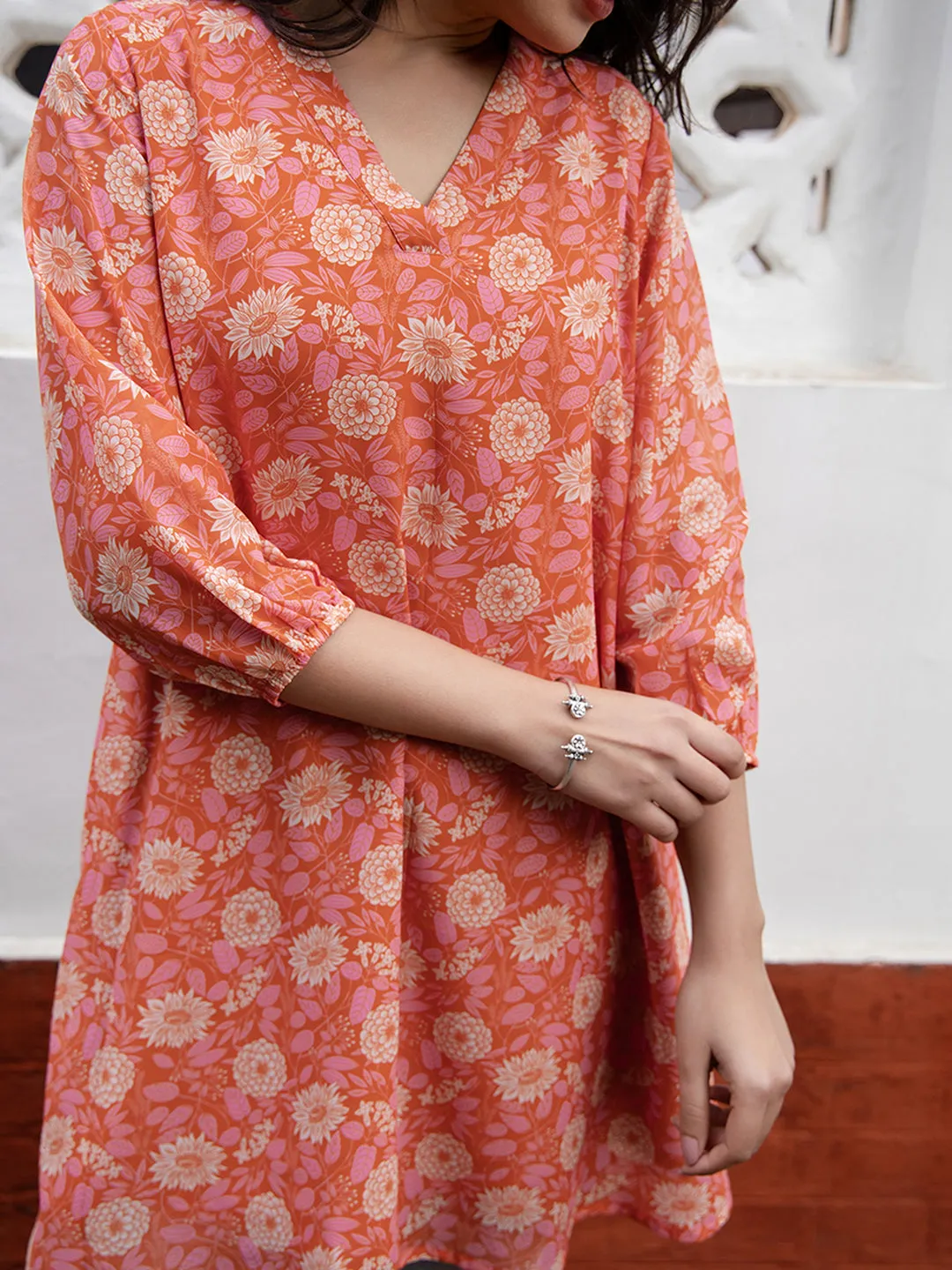 Orange Georgette Floral Tunic