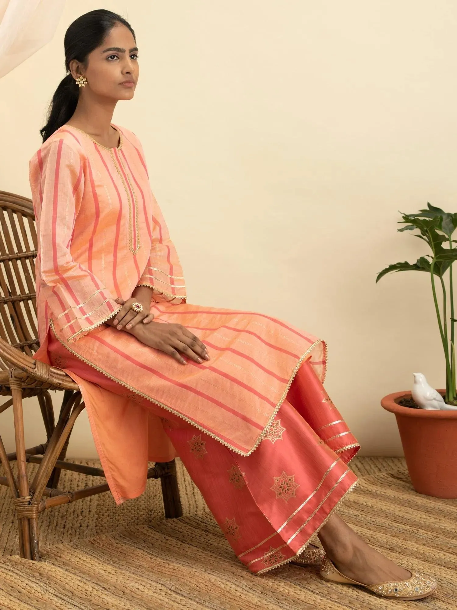 Orange Self Design Chanderi Silk Straight Kurta With Palazzos