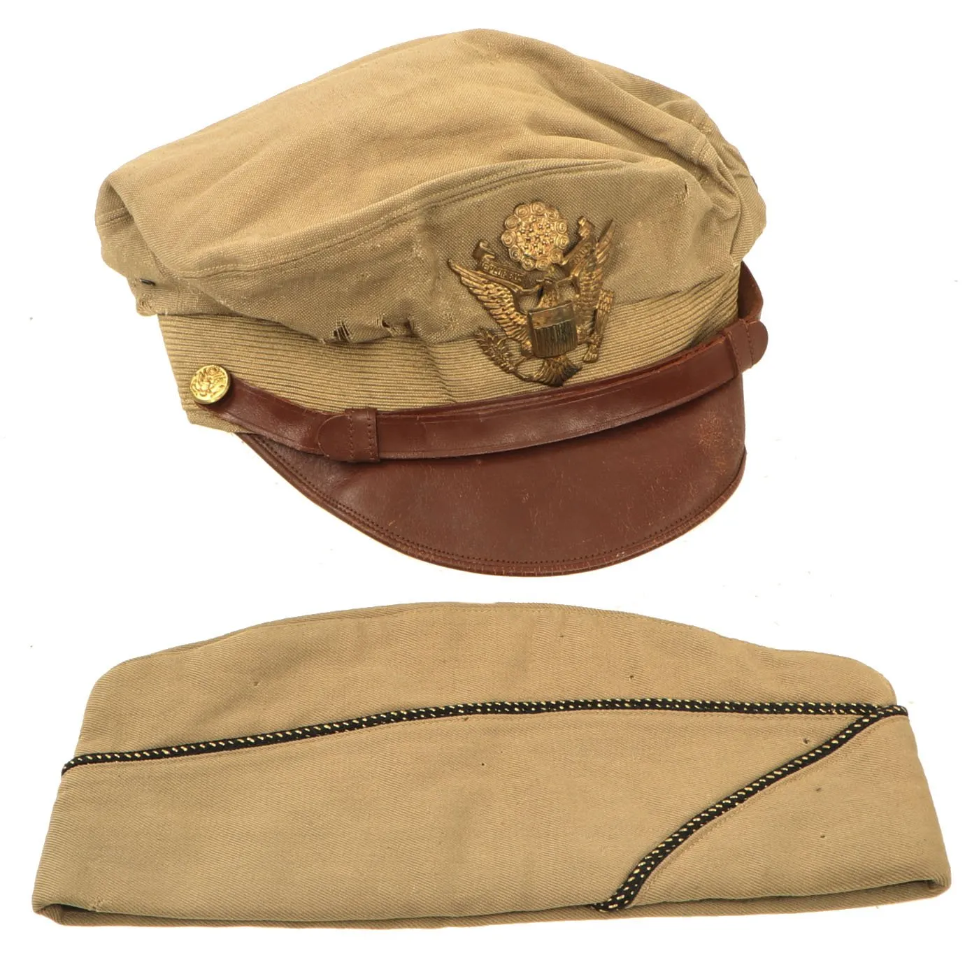 Original U.S. WWII USAAF Named B24 Co-Pilot Shot-Down P.O.W. Officer Crush Visor Cap & Garrison Cap