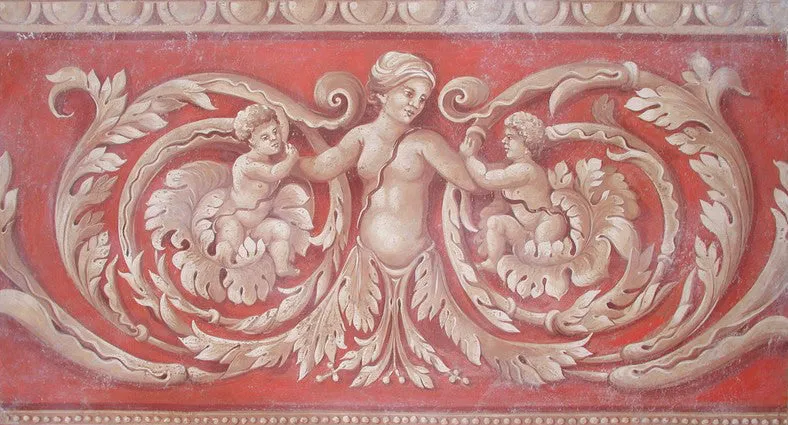 Ornamental Frieze on Red Background Fresco Painting