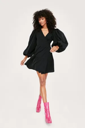 Oversized Puff Sleeve Mini Wrap Dress