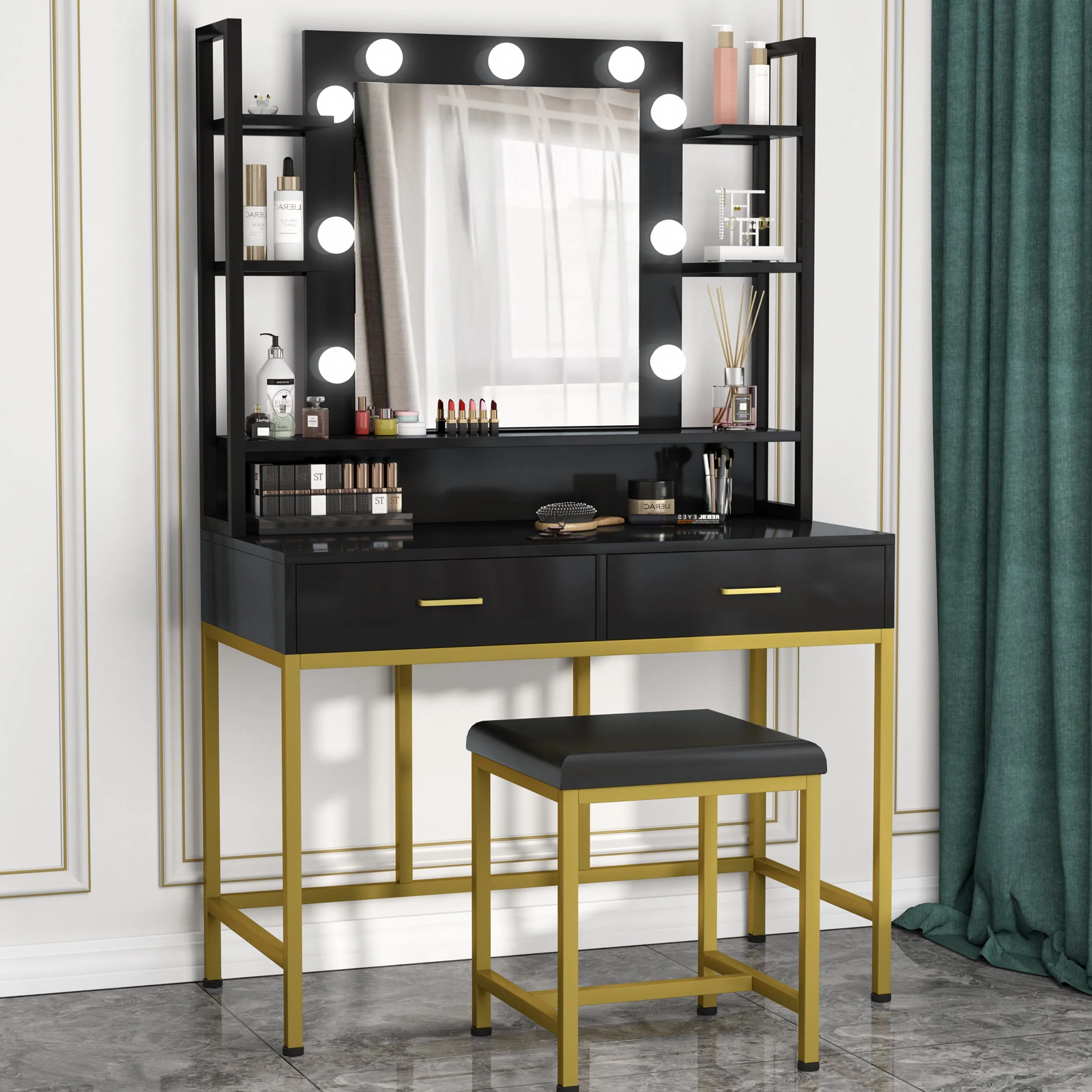 PAKASEPT Vanity Table with Lighted Mirror, Elegant Makeup Vanity Dressing Table with LED Lights and 2 Drawers & Cushioned Stool & Storage Shelves for Women Girls