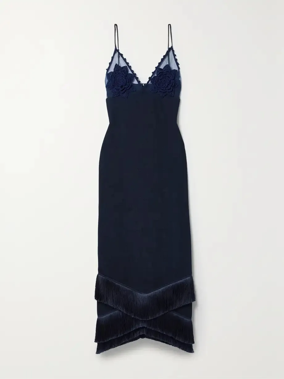 PatBo Embroidered Crochet Midi Dress Frency Navy