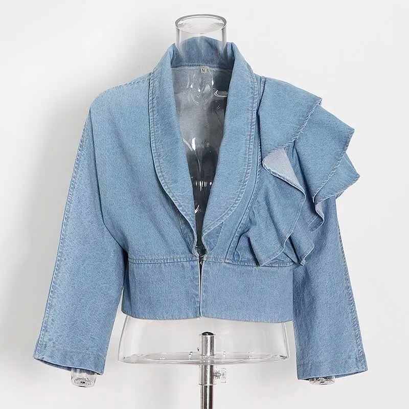 Patchwork Ruffle Tunic Shirt For Women V Neck Half Sleeve Denim Blouse Female Fashion Clothing Spring