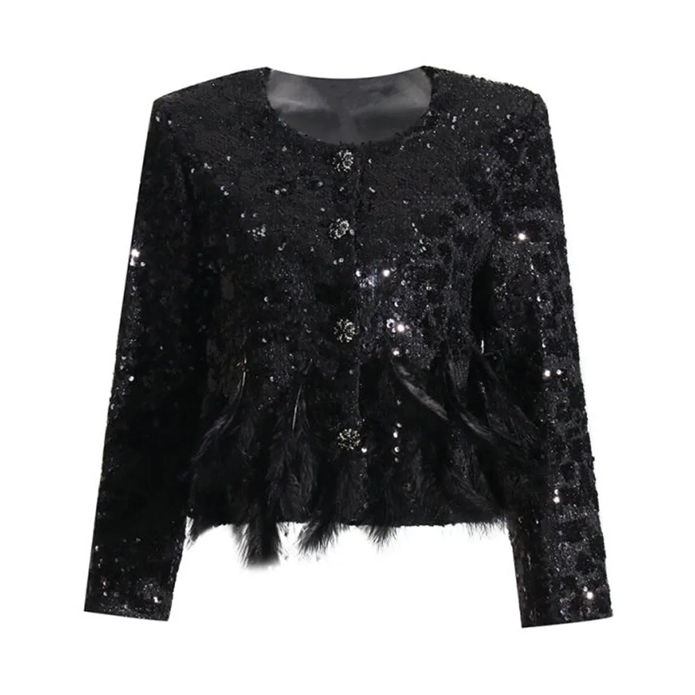 Patchwork Sequins Jacket For Women Round Neck Long Sleeve Feathers Hem Solid Jackets Female Clothing Style