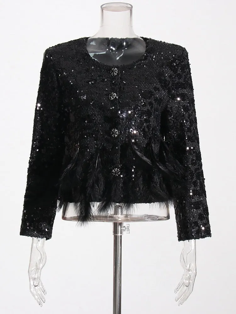 Patchwork Sequins Jacket For Women Round Neck Long Sleeve Feathers Hem Solid Jackets Female Clothing Style