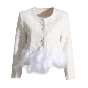 Patchwork Sequins Jacket For Women Round Neck Long Sleeve Feathers Hem Solid Jackets Female Clothing Style