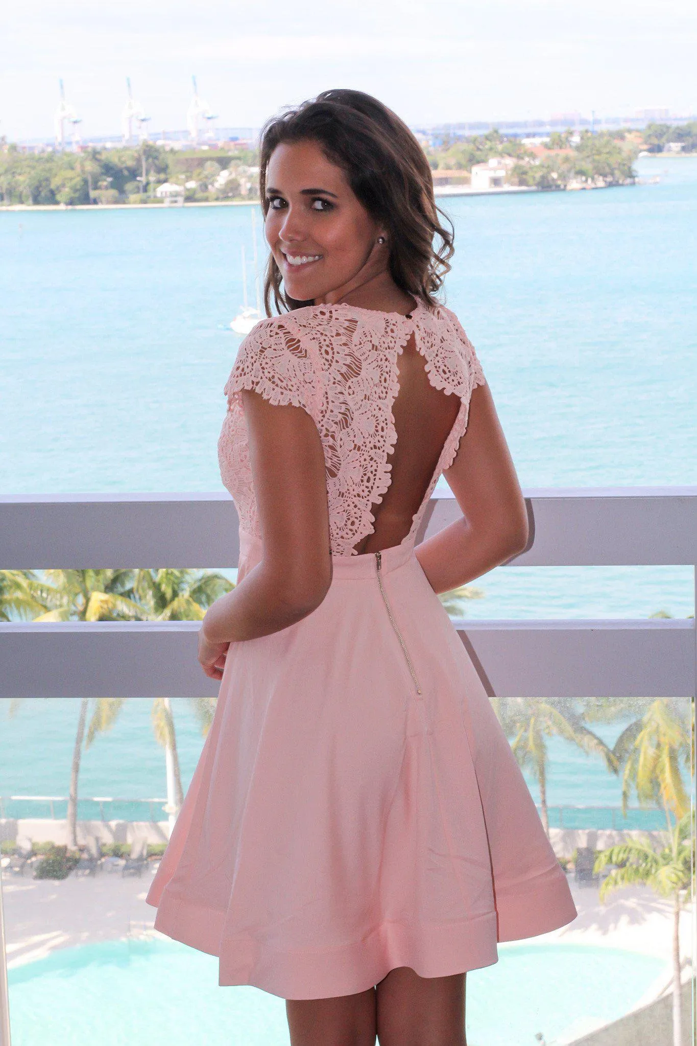 Pink Crochet Short Dress with Open Back