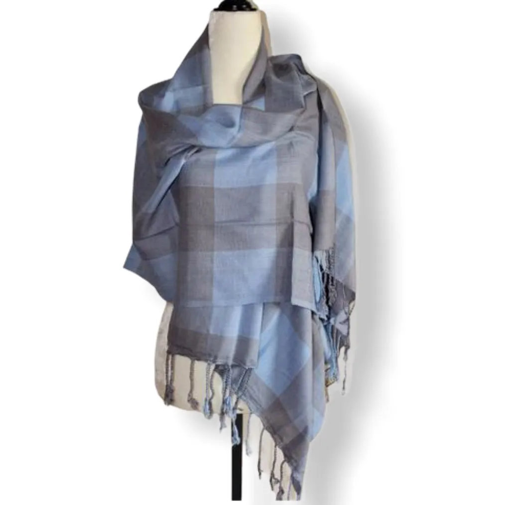 Plaid Handwoven Scarf - Blue & Gray