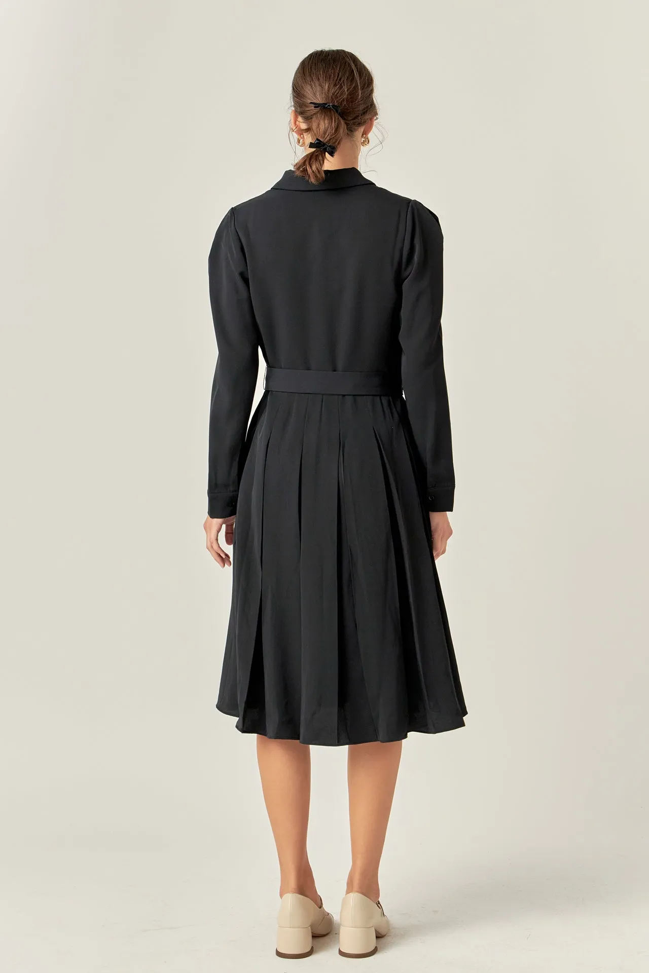 Pleated Collared Long Sleeve Midi Dress