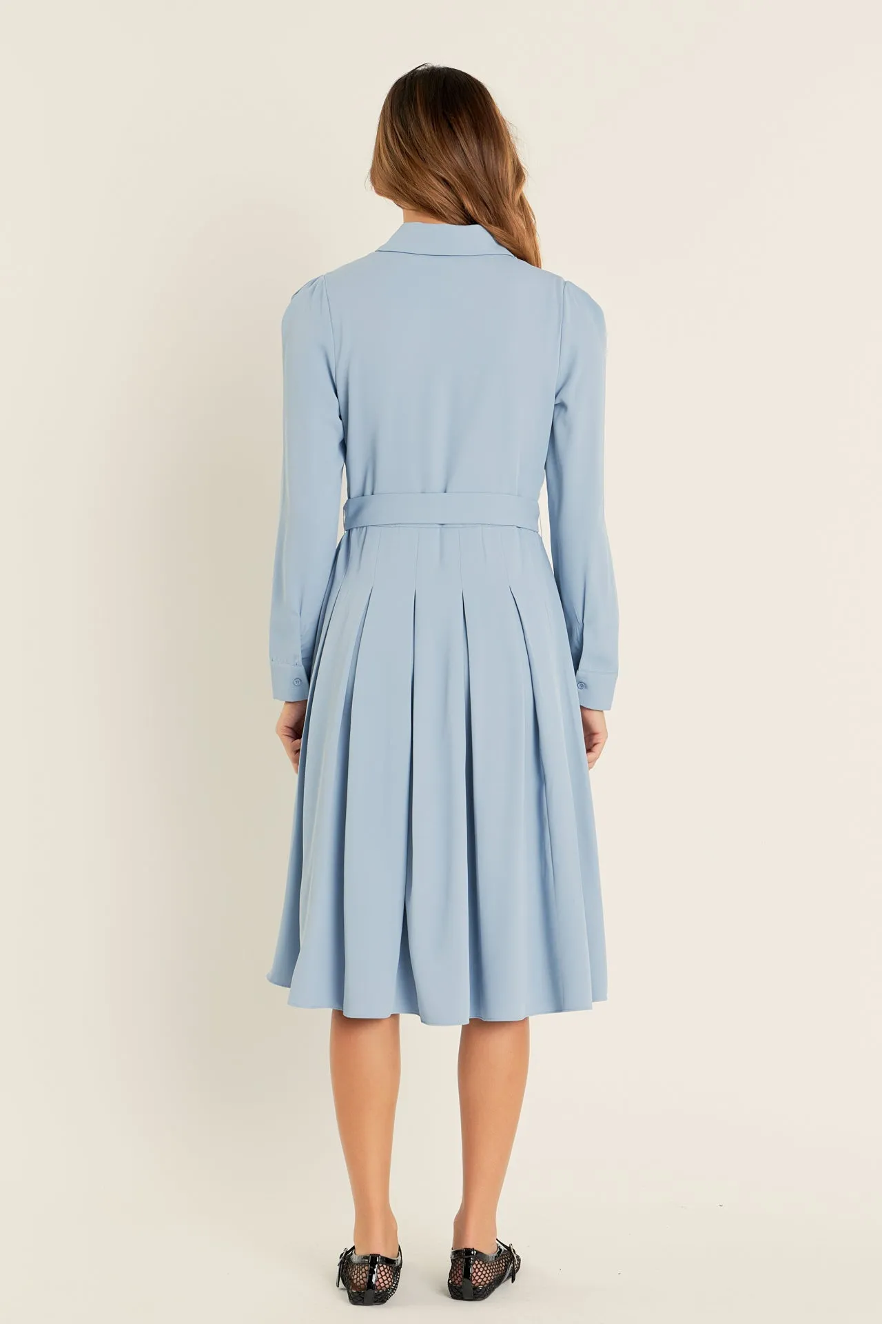 Pleated Collared Long Sleeve Midi Dress