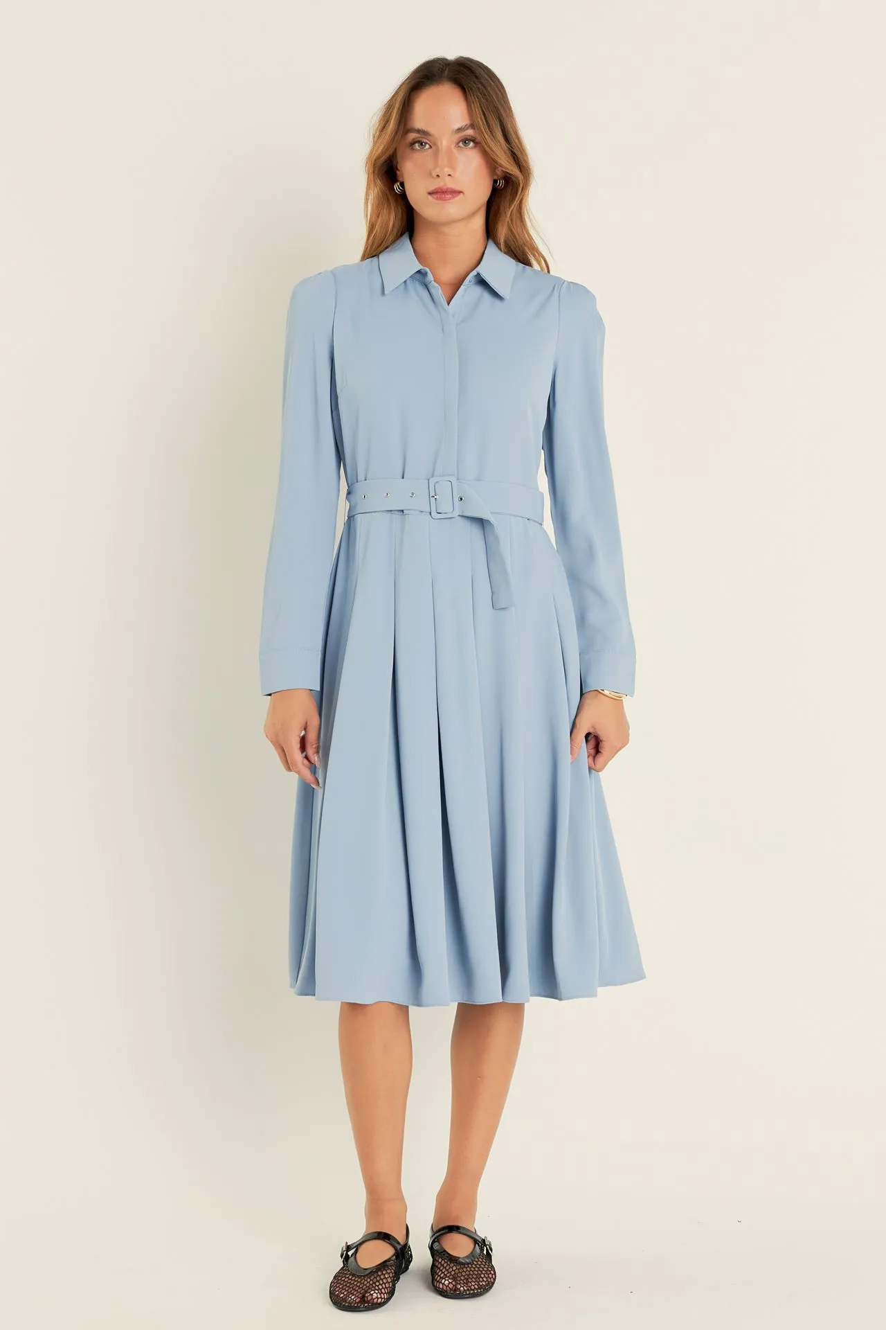 Pleated Collared Long Sleeve Midi Dress