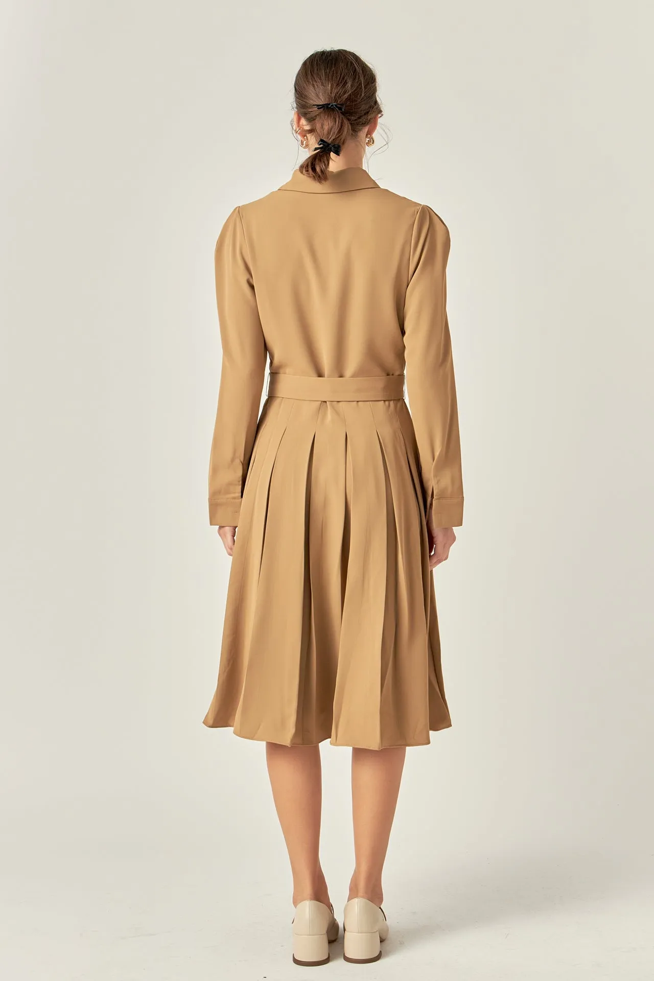 Pleated Collared Long Sleeve Midi Dress