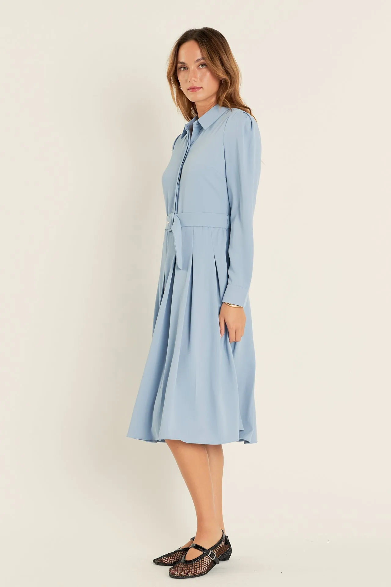 Pleated Collared Long Sleeve Midi Dress