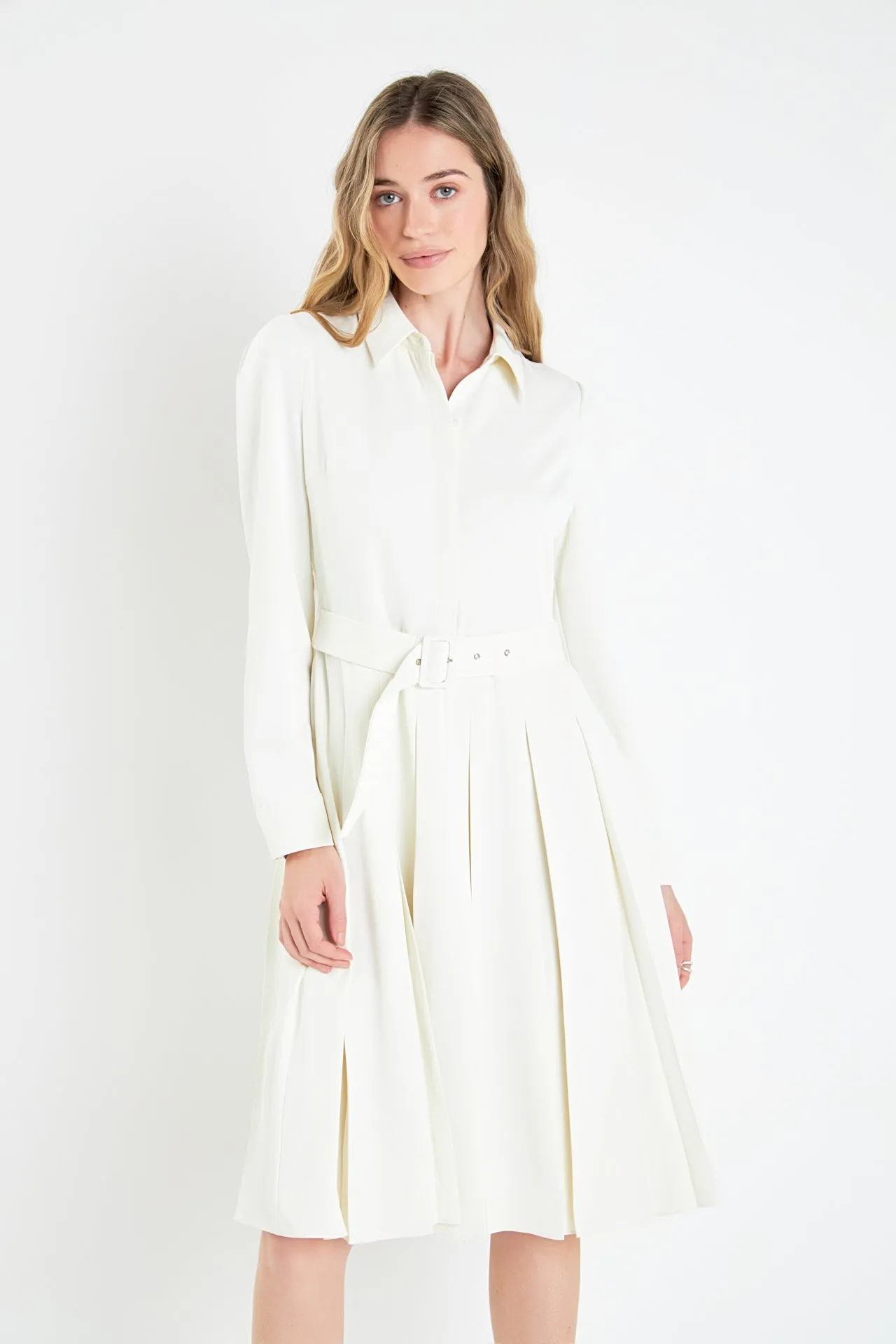 Pleated Collared Long Sleeve Midi Dress