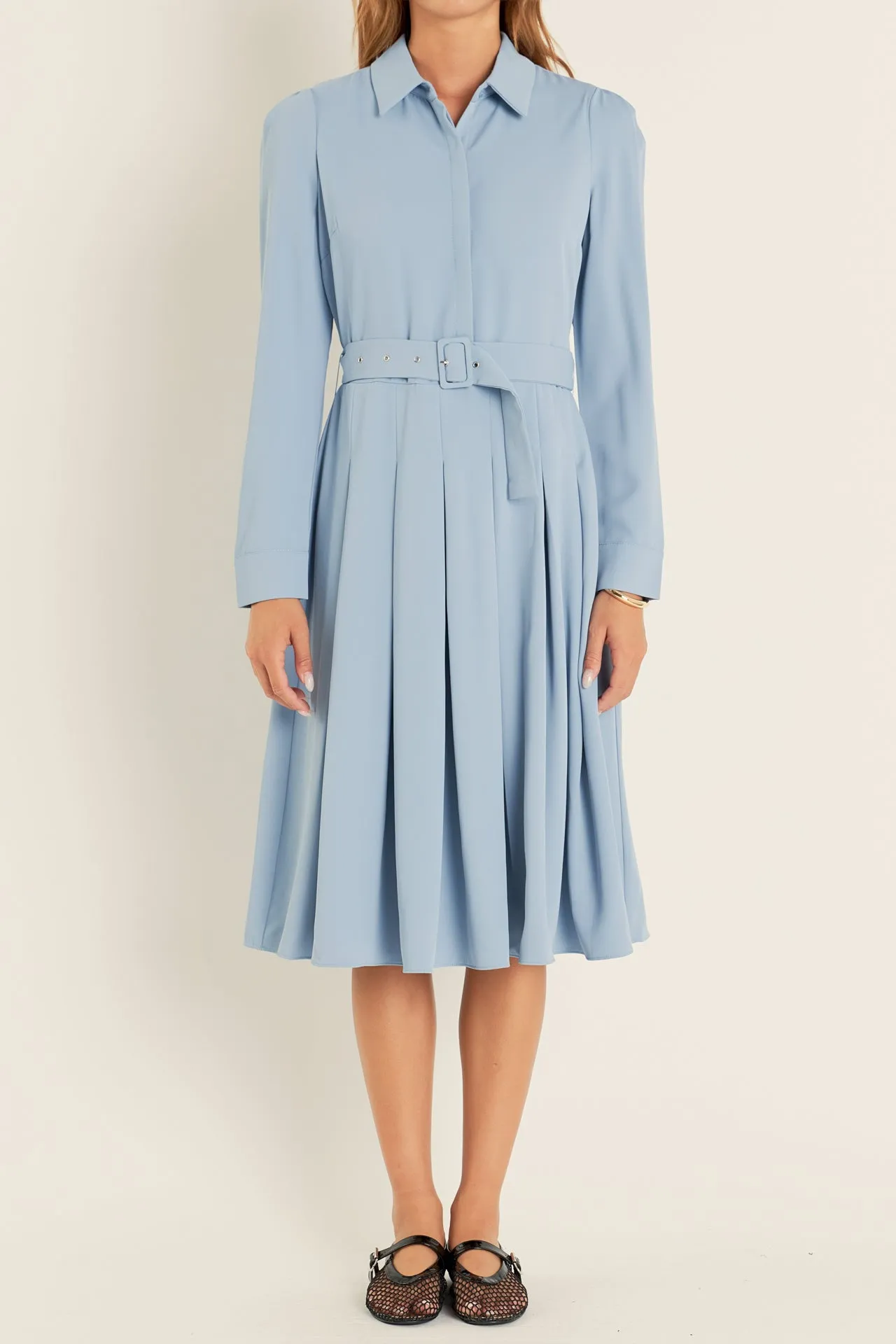 Pleated Collared Long Sleeve Midi Dress