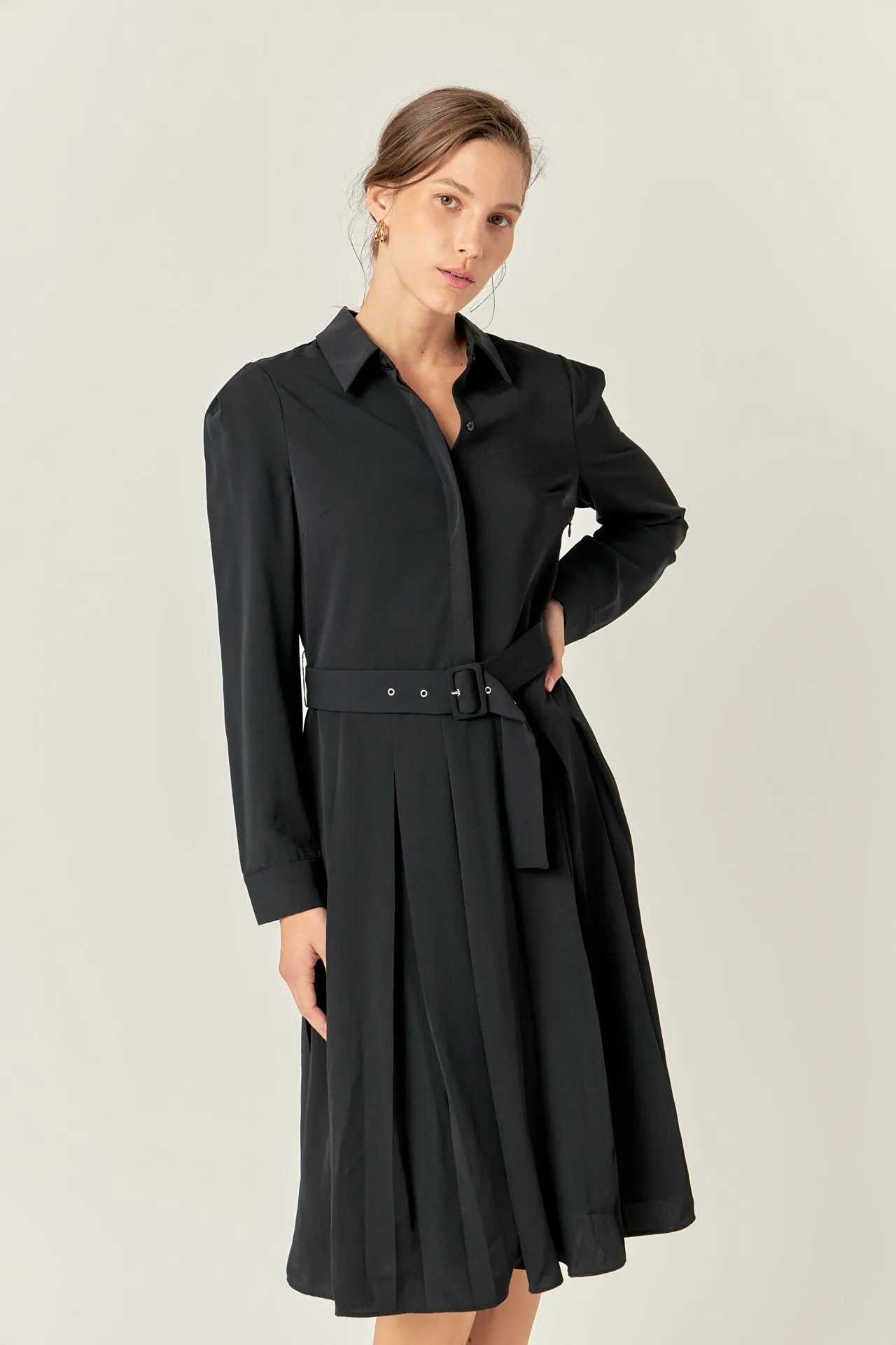 Pleated Collared Long Sleeve Midi Dress