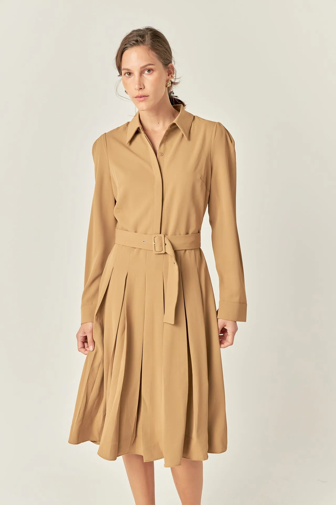 Pleated Collared Long Sleeve Midi Dress