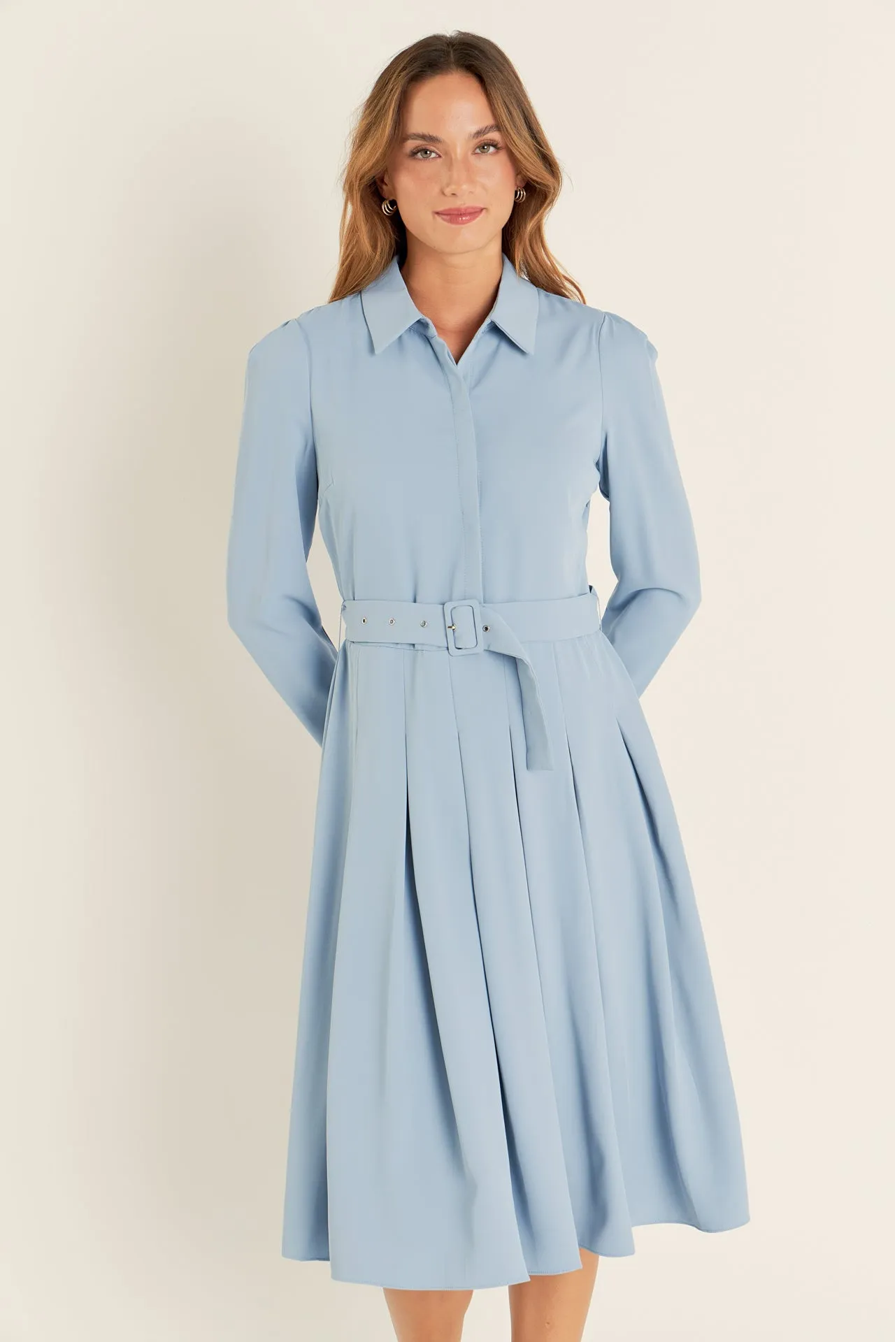 Pleated Collared Long Sleeve Midi Dress