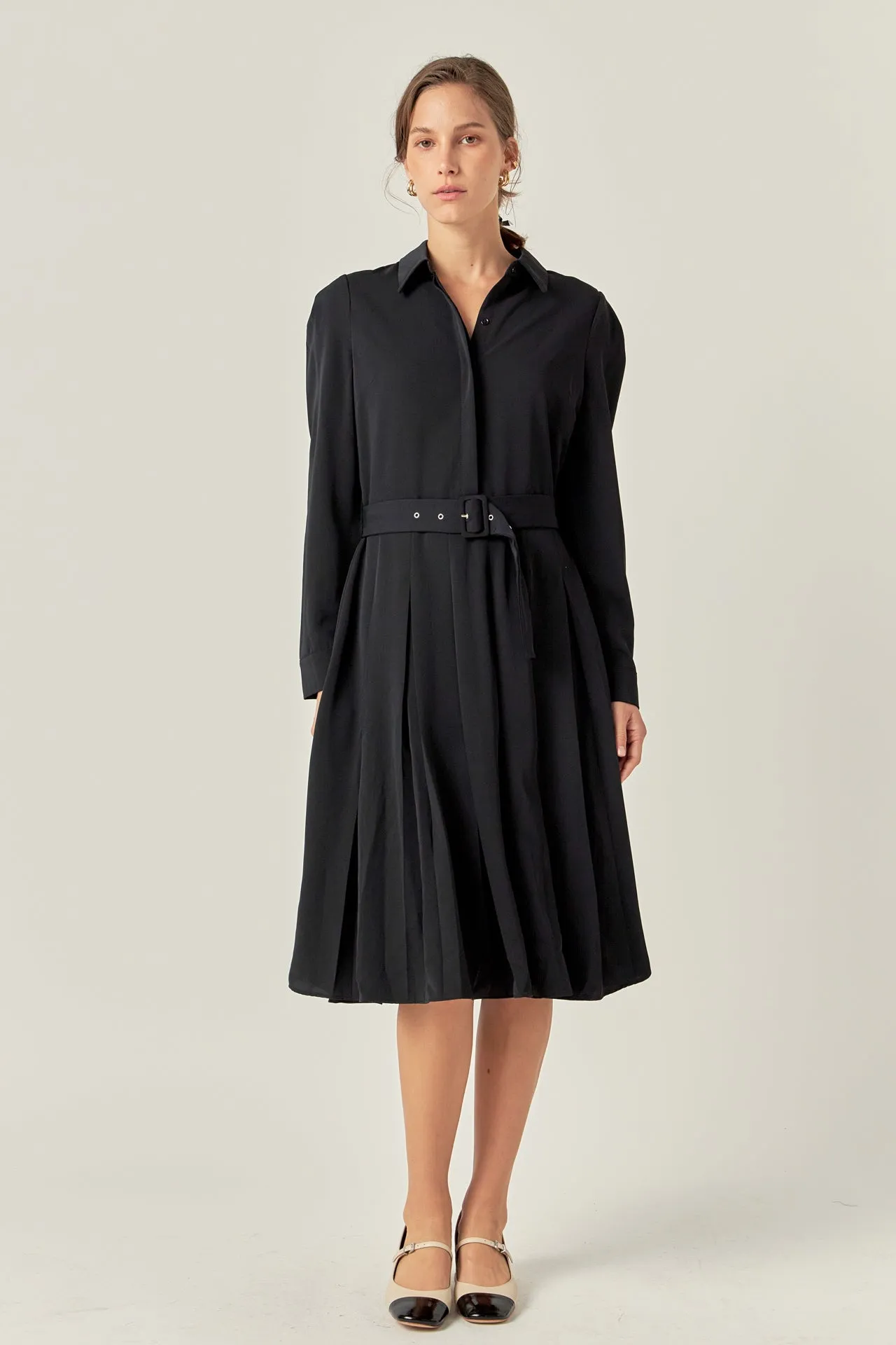 Pleated Collared Long Sleeve Midi Dress