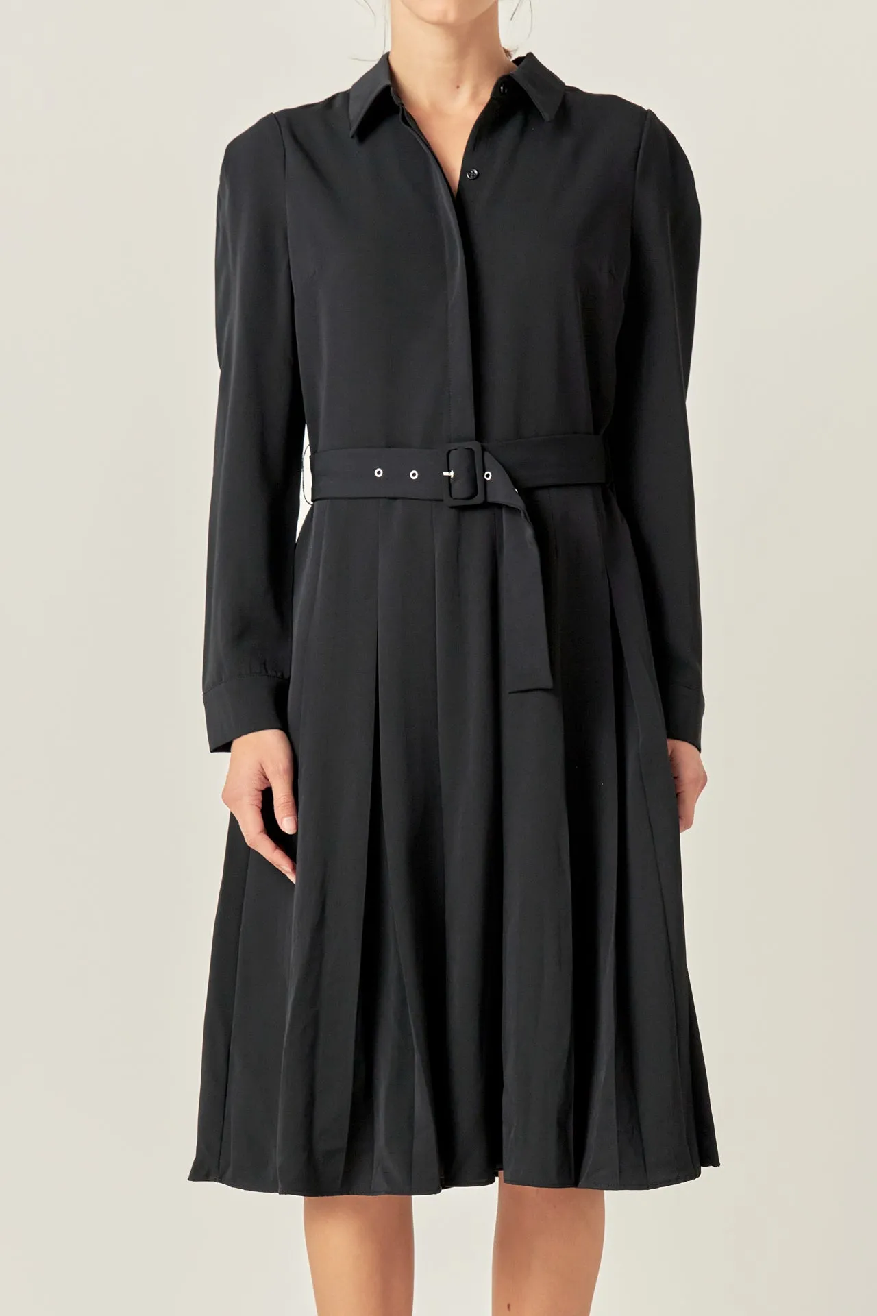 Pleated Collared Long Sleeve Midi Dress