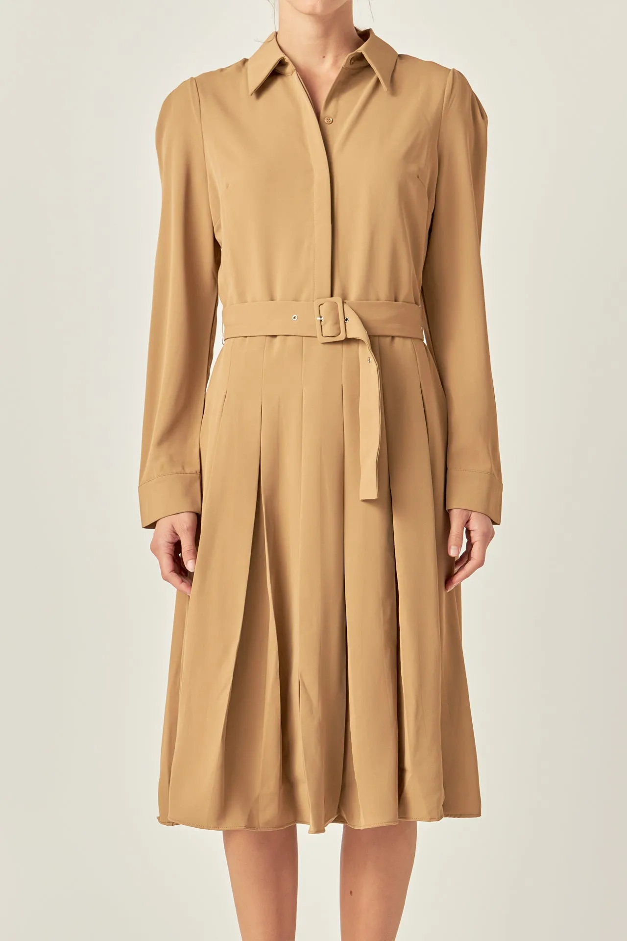 Pleated Collared Long Sleeve Midi Dress