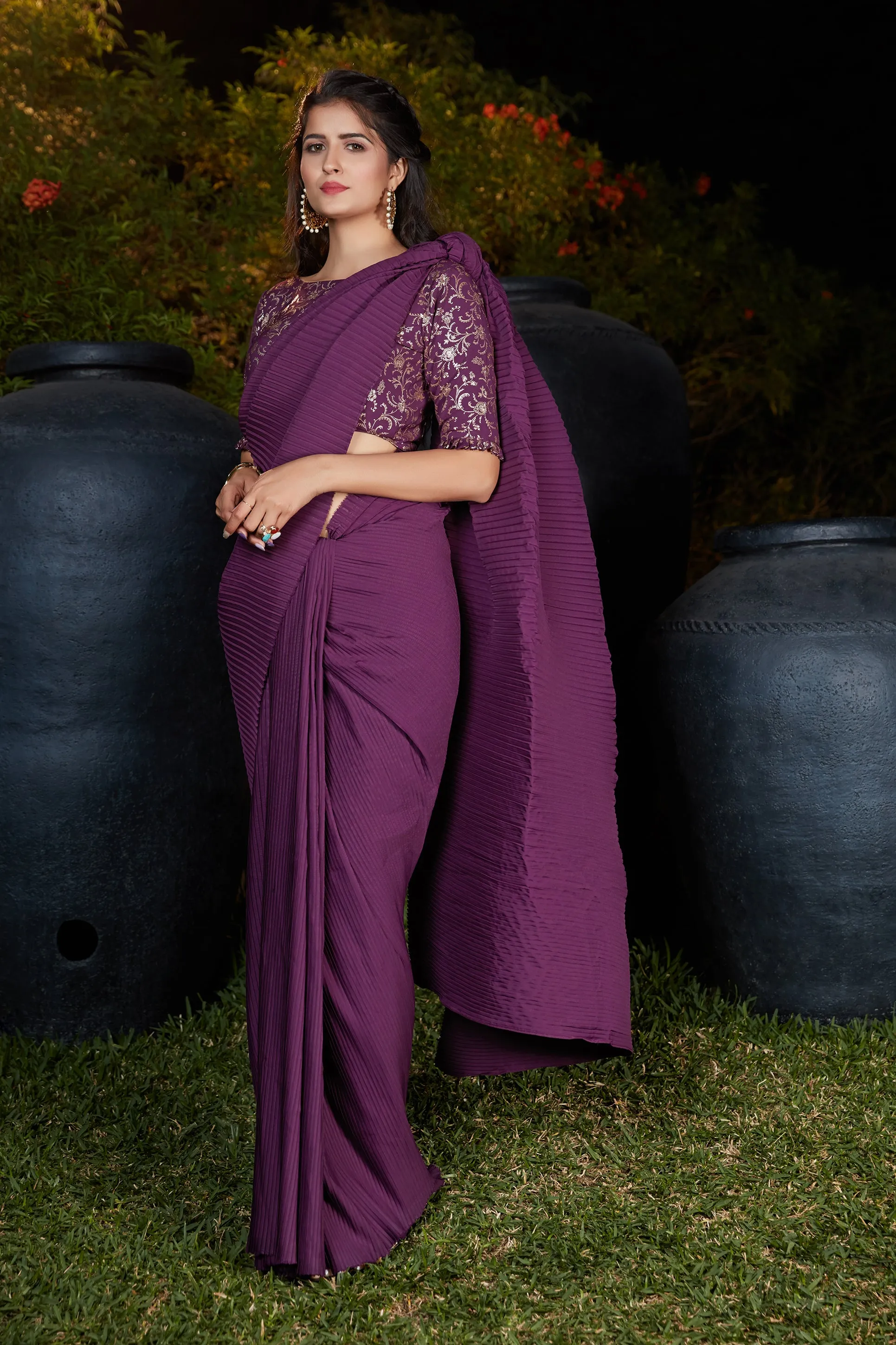 Plum Pleated Silk Saree With Designer Blouse