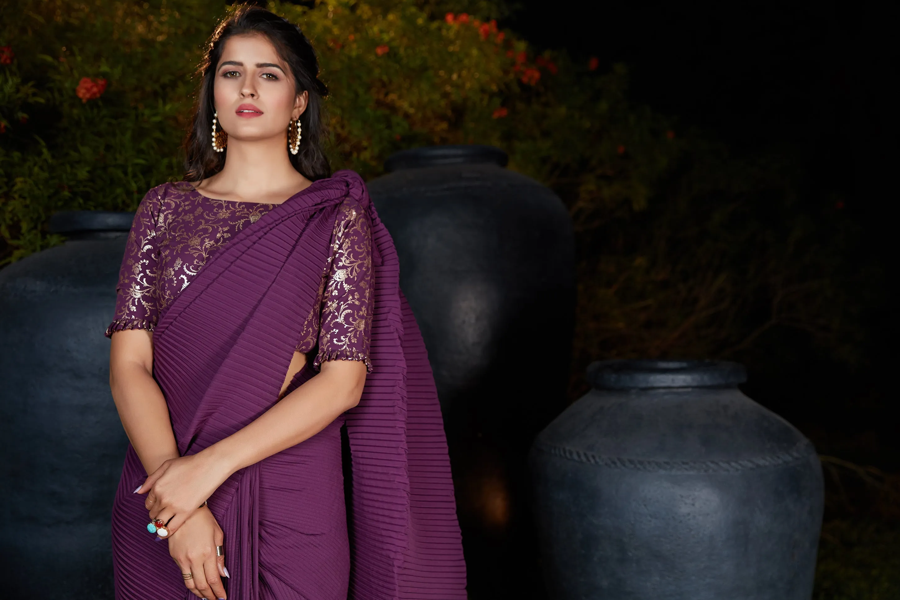 Plum Pleated Silk Saree With Designer Blouse