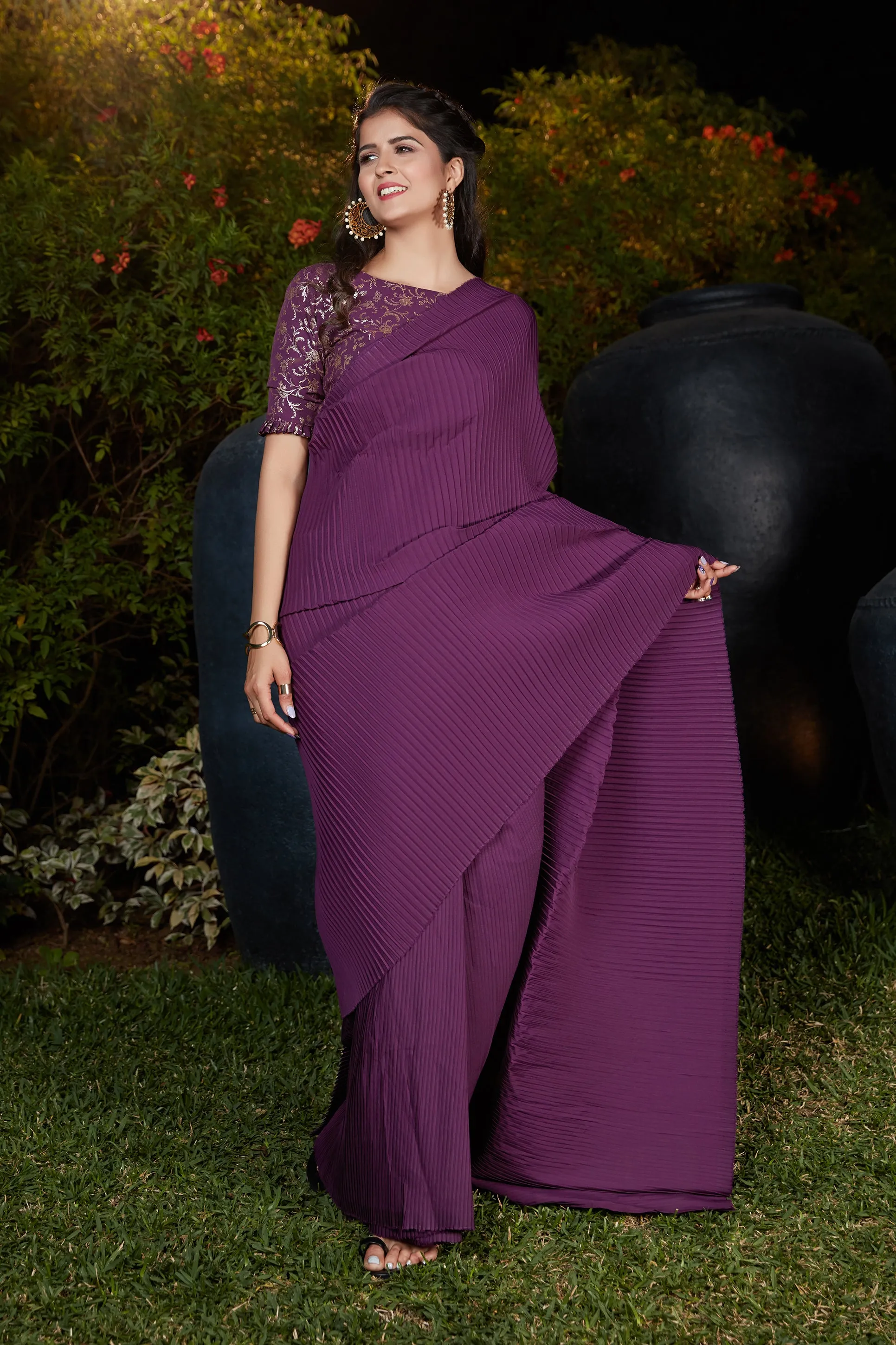 Plum Pleated Silk Saree With Designer Blouse