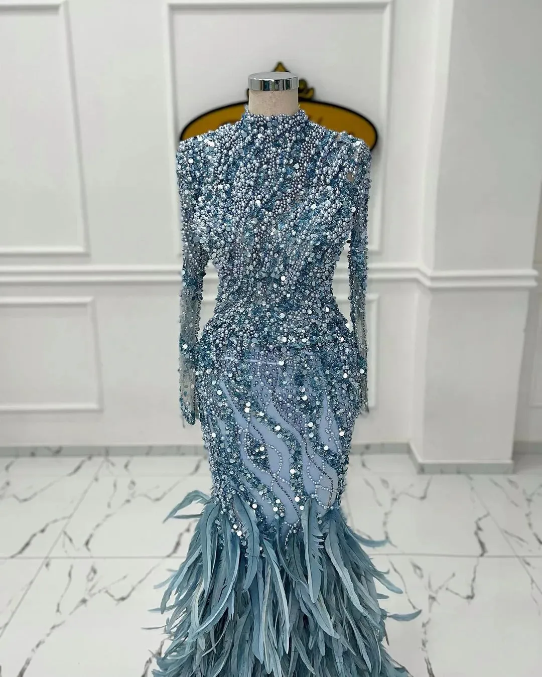 plus size arabic aso ebi luxurious mermaid feather prom dresses pearls beaded evening formal party second reception birthday engagement gowns dress zj923