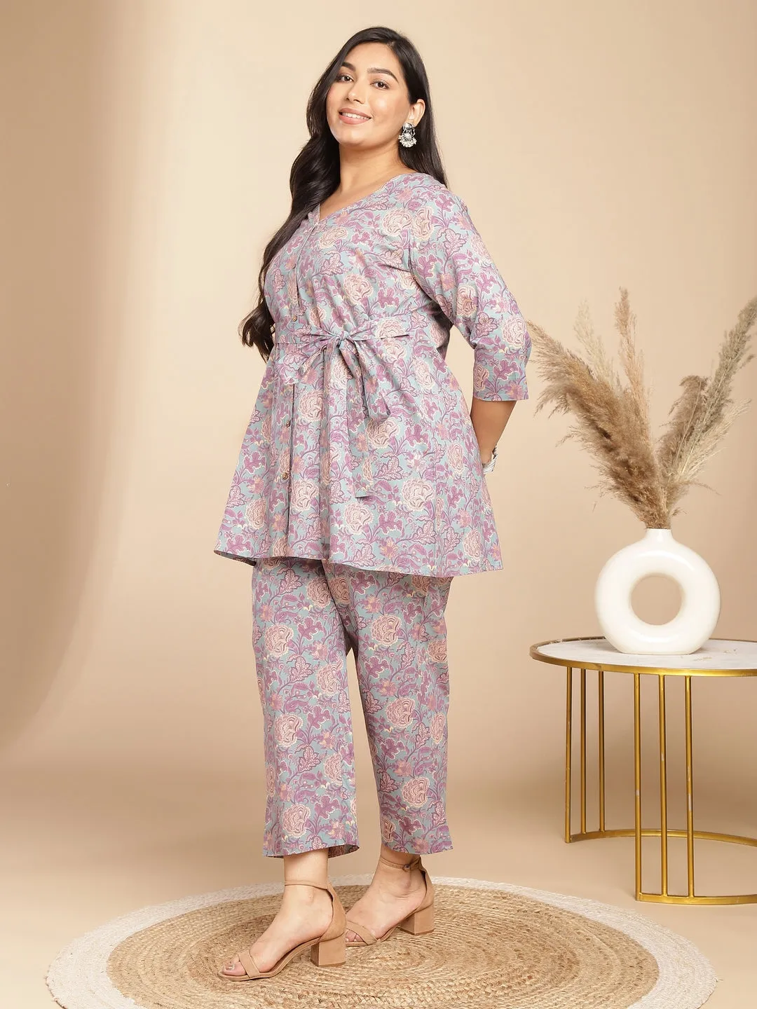 Plus Size Light Blue Cotton Floral A-Line Co-ord Set