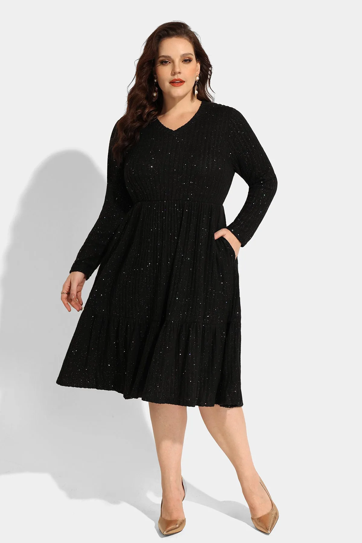 Pocket Solid Sequin Ruffle Hem Knit Midi Dress