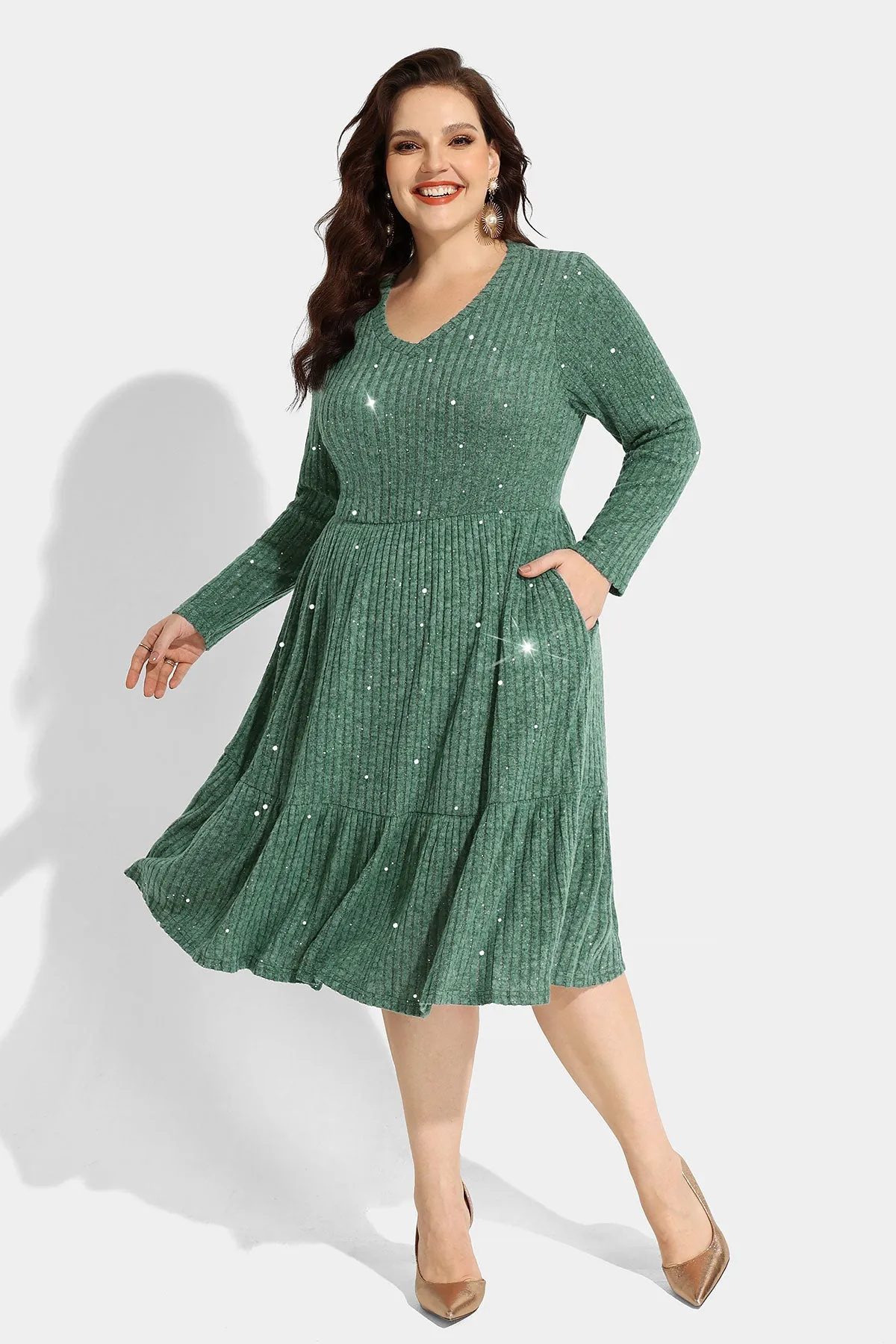 Pocket Solid Sequin Ruffle Hem Knit Midi Dress