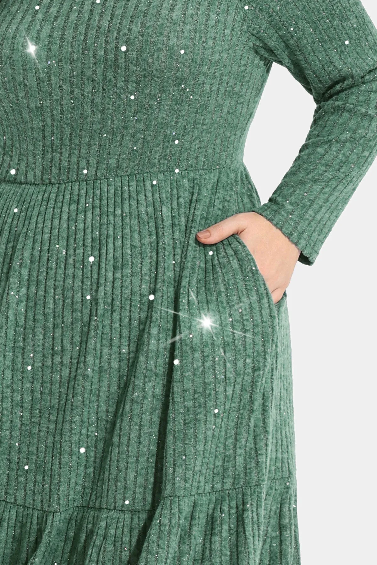 Pocket Solid Sequin Ruffle Hem Knit Midi Dress