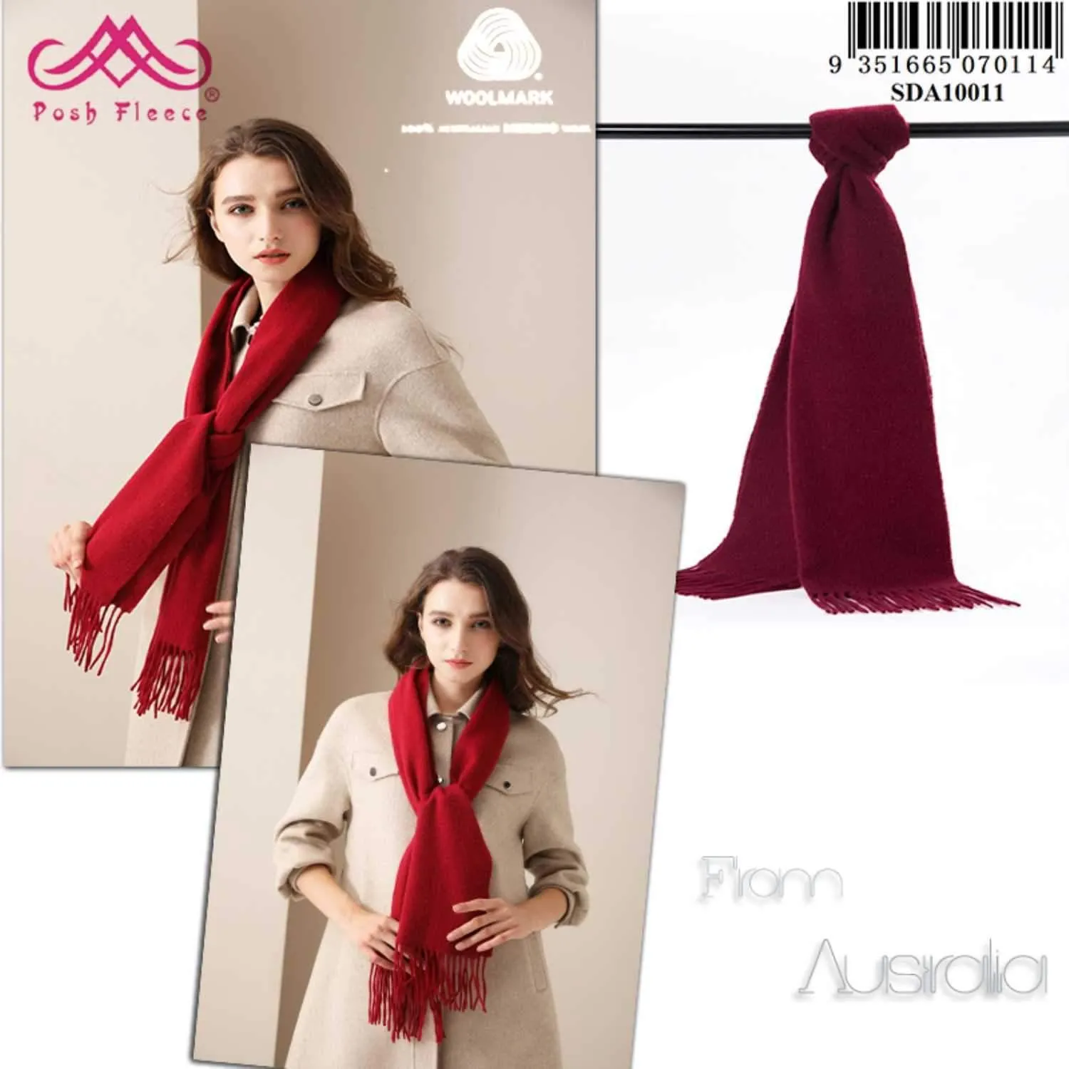 POSH FLEECE Pure Wool Scarf with Fringe Maroon