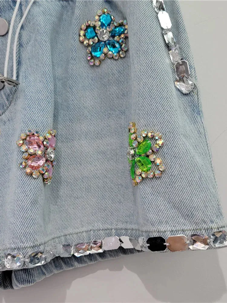 Pre Order:  Handmade Flower Diamond Embedding Wide Leg Denim Shorts