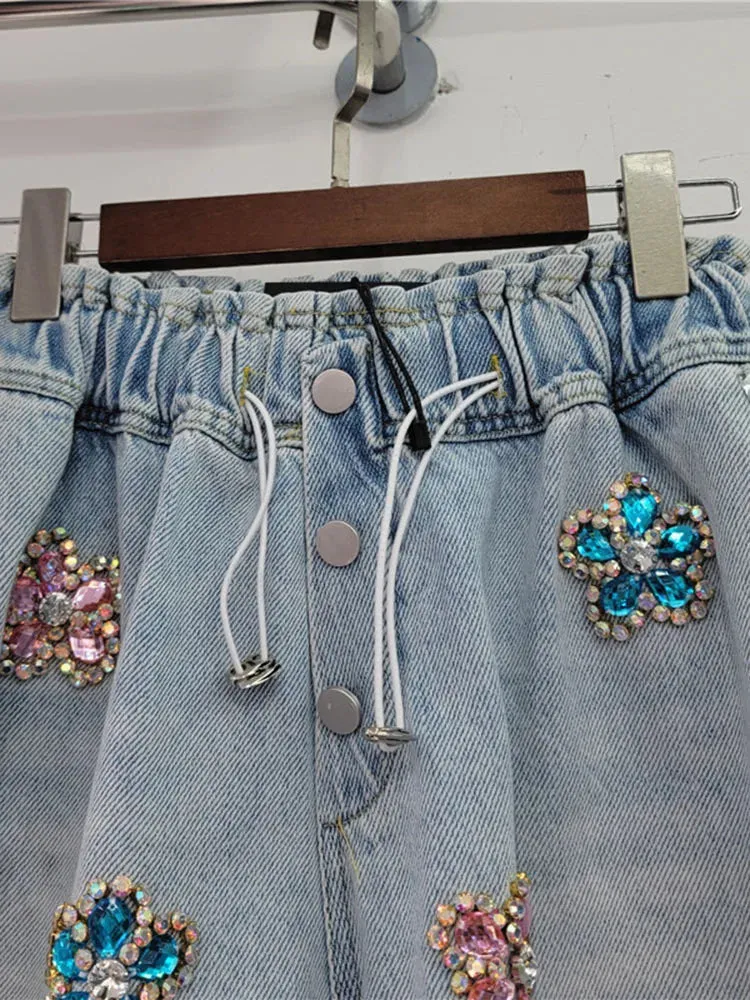 Pre Order:  Handmade Flower Diamond Embedding Wide Leg Denim Shorts