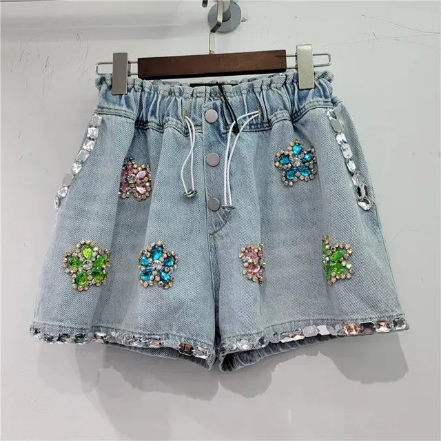 Pre Order:  Handmade Flower Diamond Embedding Wide Leg Denim Shorts