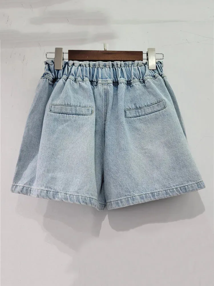 Pre Order:  Handmade Flower Diamond Embedding Wide Leg Denim Shorts