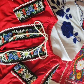 "Swiss Elegance: Red Embroidered Folk Gypsy Blouse" S/M