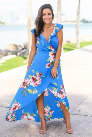 Royal Blue Floral Wrap Dress with Ruffles