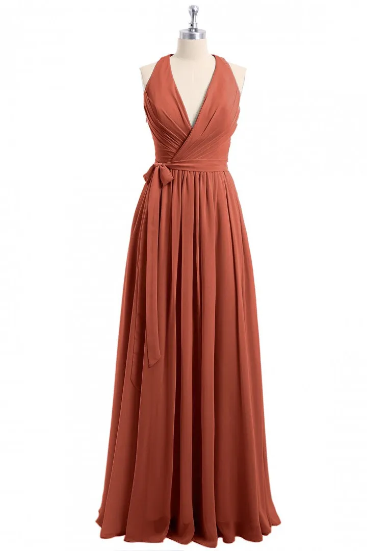 Rust Orange Wrap A-Line Long Dress