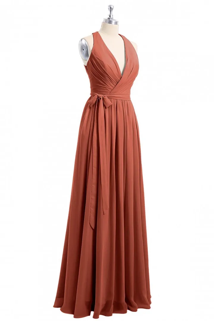 Rust Orange Wrap A-Line Long Dress